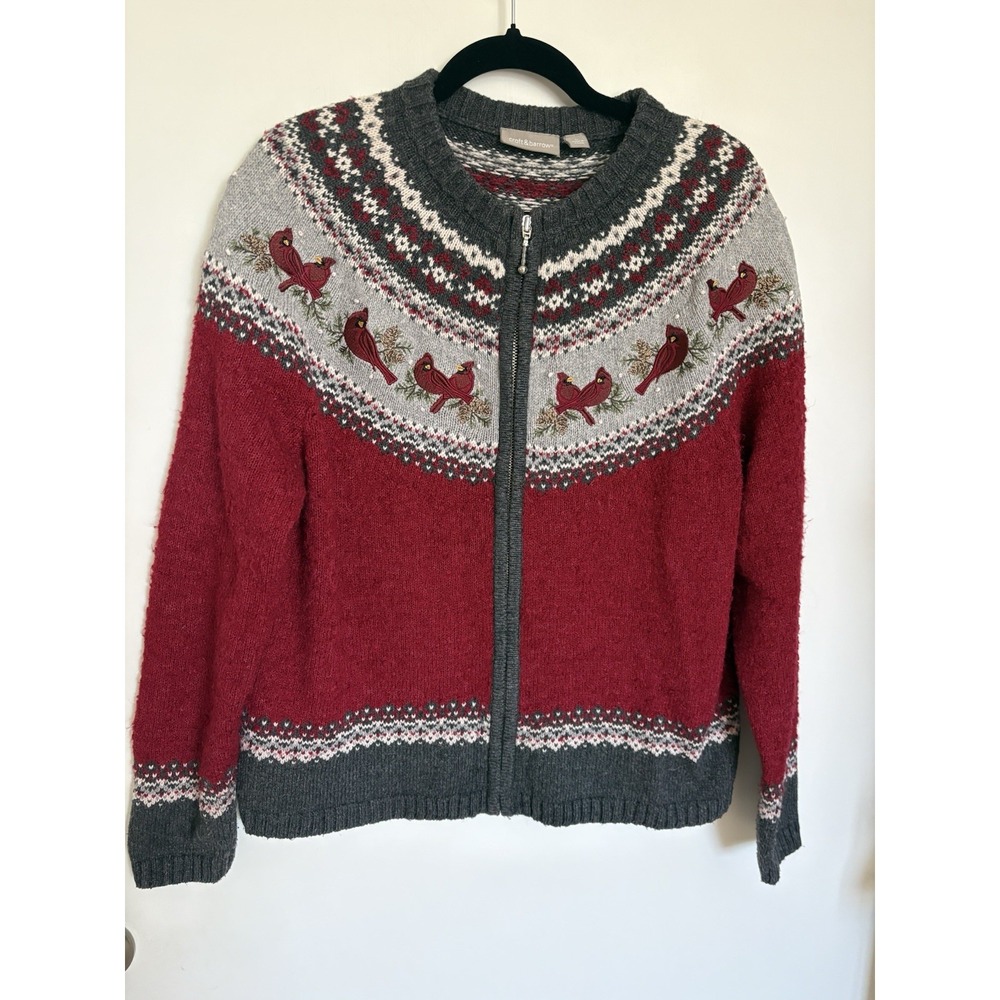Croft & Barrow Cardinal Bird Fair Isle Wool Blend Zip Up Knit Sweater Large Xmas